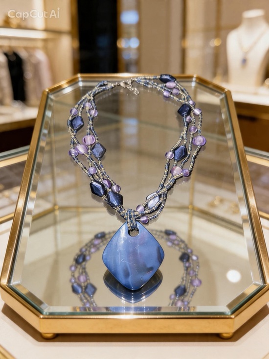 Jewelry - Blue Purple Multi Strand Beaded Statement Necklace with Large Pendant